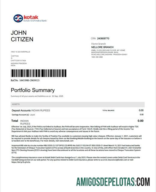 em branco Índia Kotak Mahindra Extrato de conta bancária modelo Word e PDF